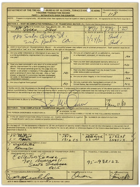 Steve McQueen Signed Document From the Bureau of Alcohol, Tobacco and Firearms -- McQueen Sells a Shotgun & Rifle